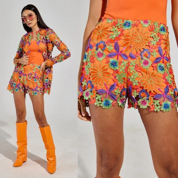 Akira Iris Orange Floral Embroidered Lace Shorts Size S Hot Pants Party Colorful - Picture 1 of 10